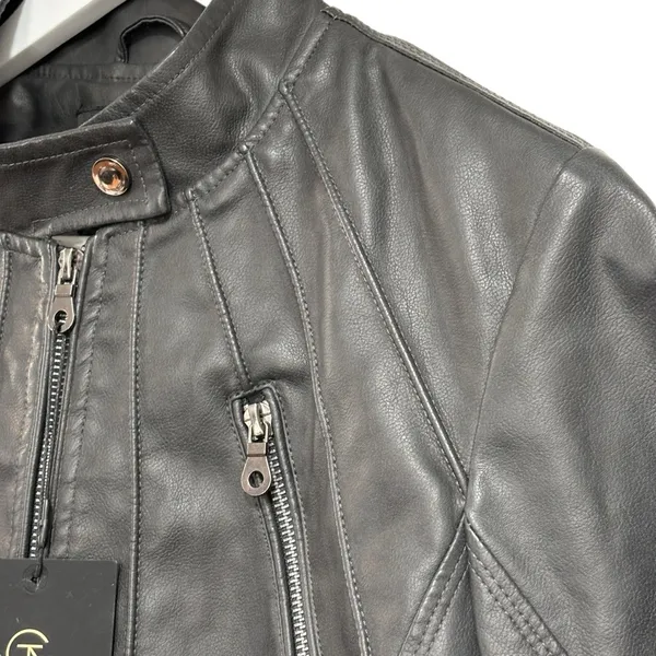 Tagoo Vegan Faux Leather Gray Biker Moto Zip Up Grunge Jacket NWT Large - Image 4