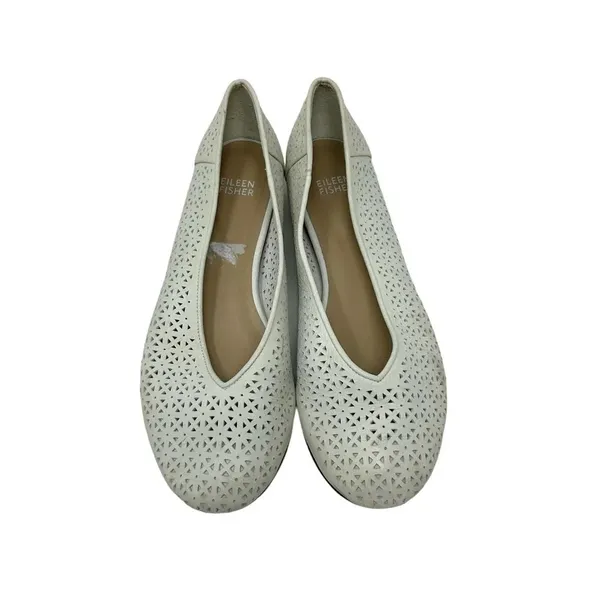 Eileen Fisher White Lasercut Leather Ballet Flats Size‎ US 8.5 - Image 2