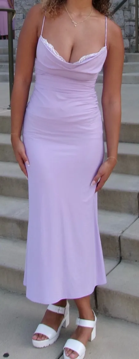 Lucy in the Sky Purple Ruched Cow Neck Maxi Dress - Image 3