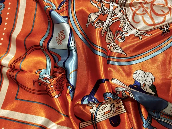 Vintage Equestrian HORSE&CARRIAGE print orange/blue oversized silky Scarf 35/35 - Image 11