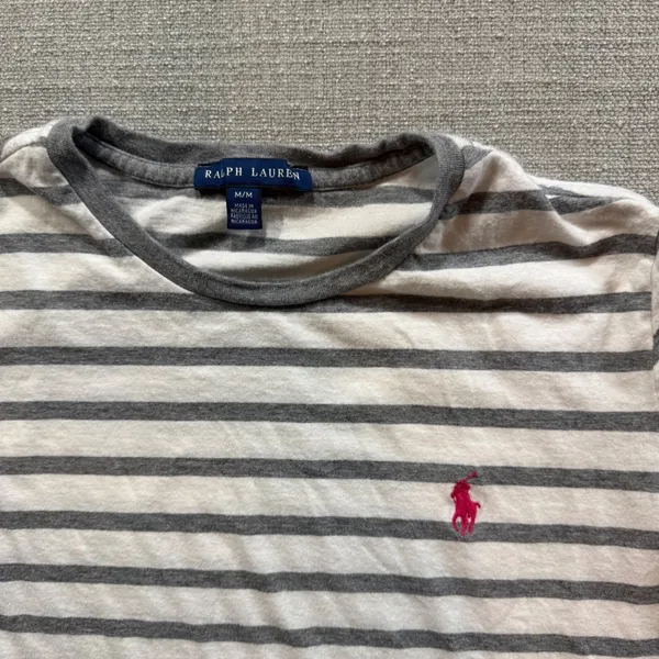 Ralph Lauren Striped T-Shirt Medium Grey White Pink Pony Short Sleeve Cotton‎ - Image 3