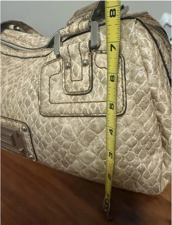 Guess Beige/Tan Textured Shoulder Bag with Metal Plaque - Image 15