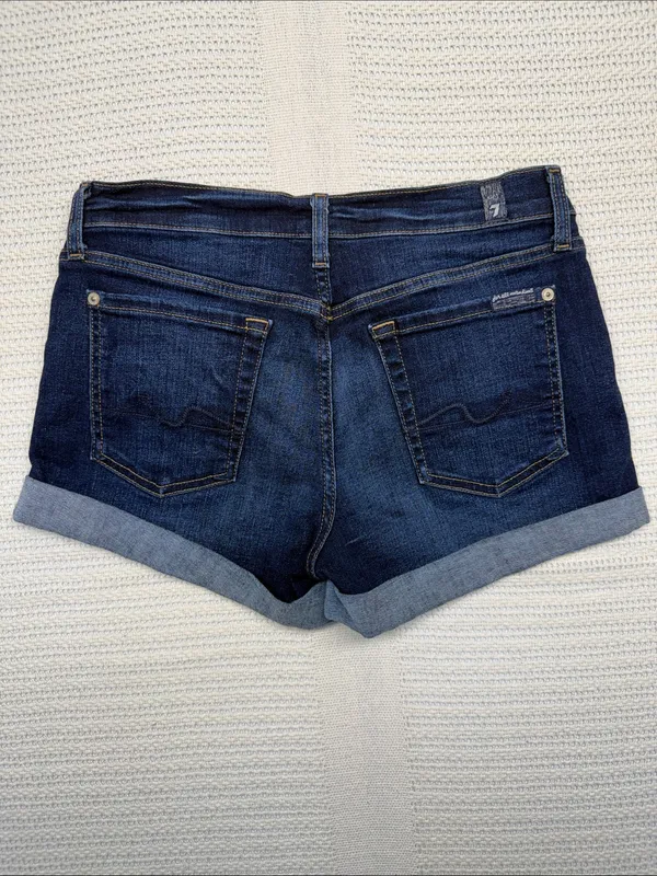 7 For All Mankind Dark Blue Rolled-Hem Denim Shorts - Image 5