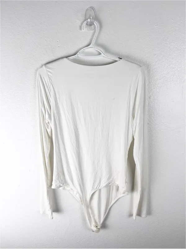 GOOD AMERICAN Cream Long Sleeves Scoop Neck Bodysuit Size Large Casual Neutral - Image 2