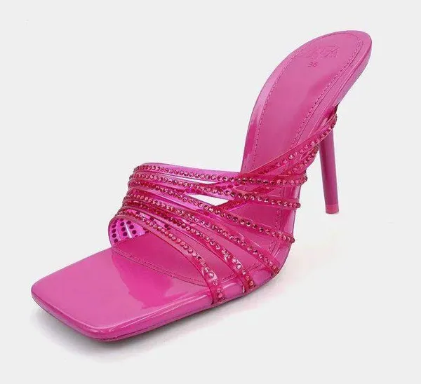 ZARA Hot Pink Rhinestone Embellished Vinyl Sequin Strappy Open Square Toe High Heels Sandals Mules - Image 8