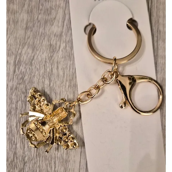 NWT Mint Gold Bumblebee Bag Charm Keychain Pink Rhinestone Pearl Cottagecore - Image 3