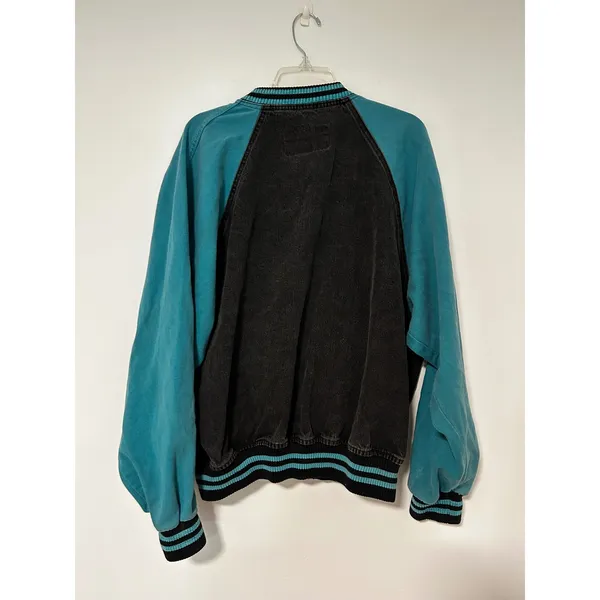 International Denim Vintage Varsity Bomber Jacket Black Teal XL Tampa Bay Auto - Image 6