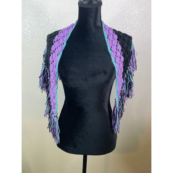 Womens Handmade OS Crochet Triangle Shawl Black Purple Aqua Fringe Boho Wrap - Image 3