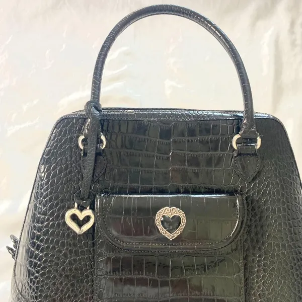 Vintage Black Leather Brighton Croc Heart Charm Large Tote Satchel Handbag - Image 2