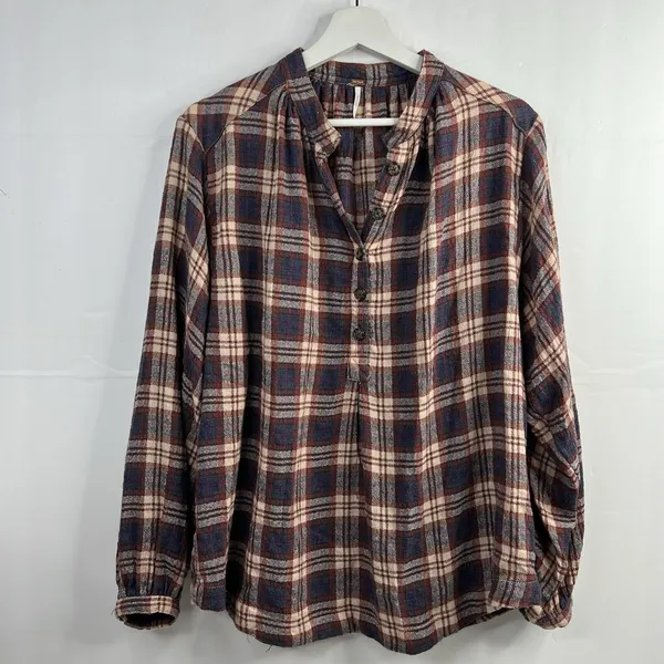 Free People Sz XS Button Front Shirt Northern Bound Plaid Flannel Onyx Oversized - Image 4