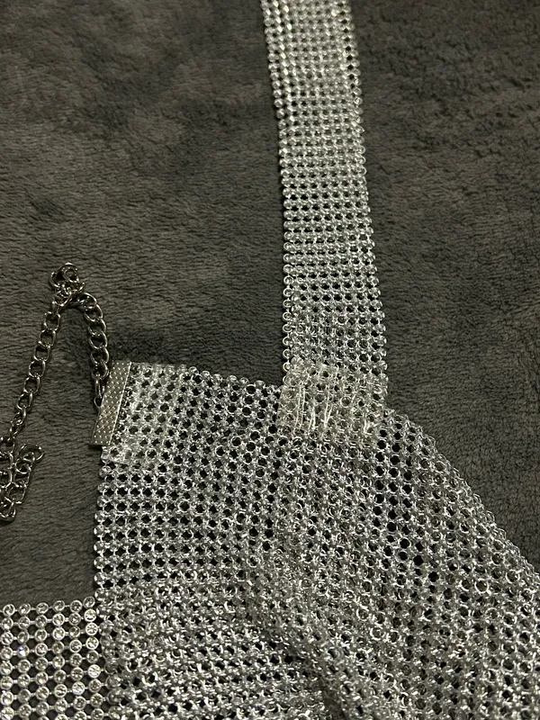 SheIn NWOT Rhinestone Detail Metallic Open Back Silver Top - Image 9