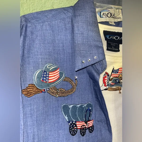 80s 90s vintage western cowboy cowgirl rodeo patriotic blouse shirt set - Image 3
