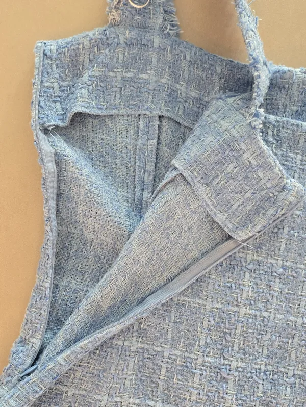 New Zara Sky Blue Tweed Dress With Crystal Buttons Size S - Image 8