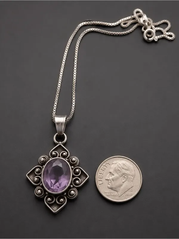 Estate Art Deco Style Sterling silver Pendant with Purple Quartz Faceted Stone - Image 3