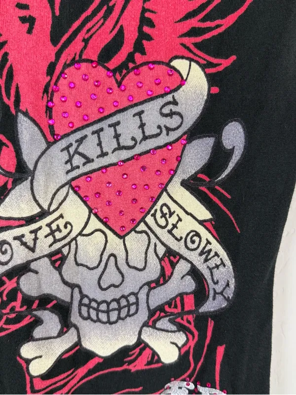 VINTAGE Y2K Ed Hardy AOP Embellished Love Kills Slowly Skull Butterfly Tee - Image 8