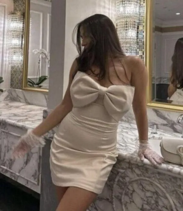HOUSE OF CB Ariella Satin Crystal Embellished Bow Dress in Ivory Size Small - Image 16