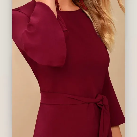Lulus Last Love Song Burgundy Tie Waist 3/4 Bell‎ Sleeve Dress MEDIUM - Image 3