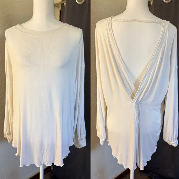 Free People Ivory Twist Back Ribbed Long Sleeve Top XS Oversized Boho‎ - Image 2
