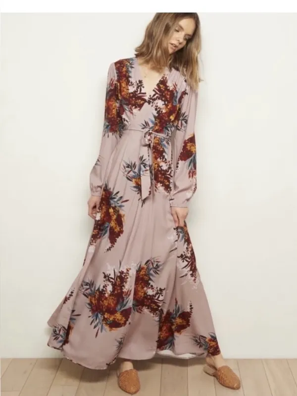 The Odells Floral Maxi Wrap Dress in Taupe with Pink & Mustard Accents Size M - Image 2