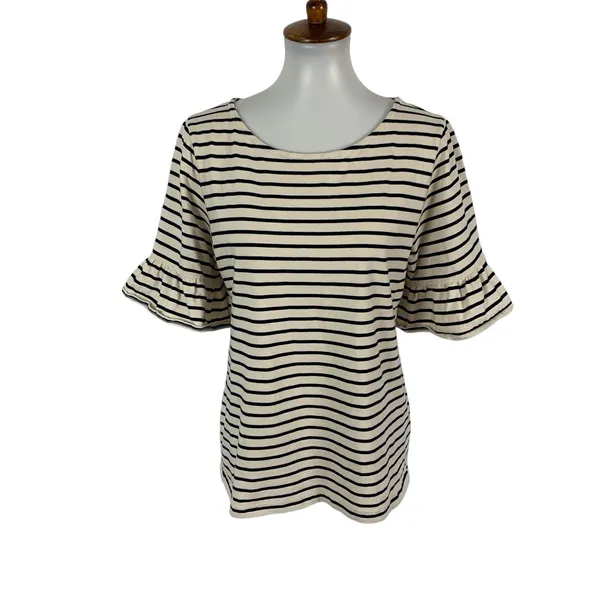 J Crew Factory Top Small Black Tan Striped Bell Sleeve Preppy Casual - Image 2