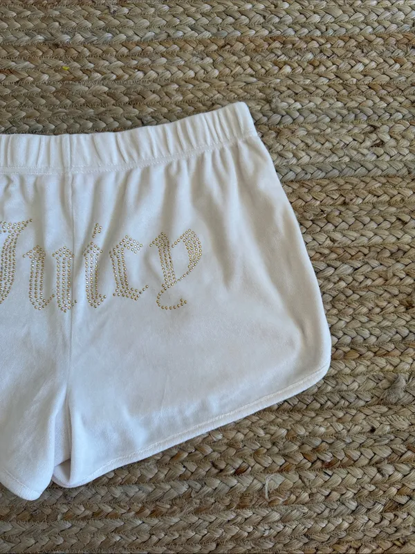 Juicy Couture Cream Shorts with Gold Rhinestone 'Juicy' Logo - Image 3