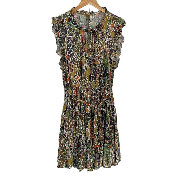 Jodifl Floral Mini Dress Sz 1X Ruffle Tiered Belted Waist Earthy Boho - Image 3
