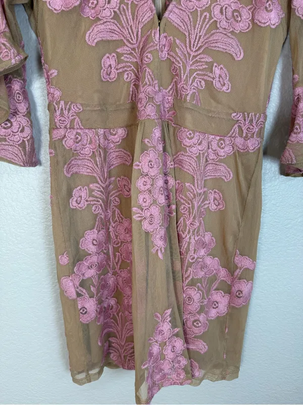 For Love & Lemons Temecula Mesh Embroidered Mini Dress in Nude Rose Pink Large - Image 8