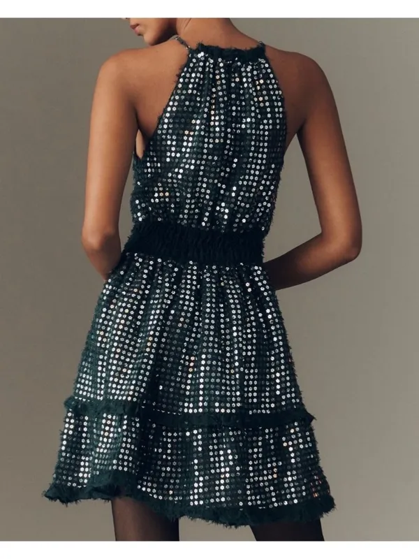 Anthropologie The Somerset Shine Mini Halter Dress In Dark Green Size M - Image 2