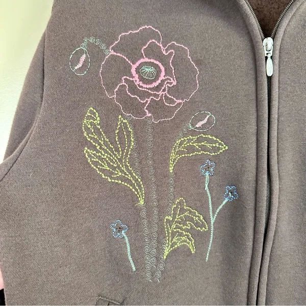 Artisans Brown Floral Embroidered Zip-Up Fleece Jacket Large Casual Cozy - Image 3