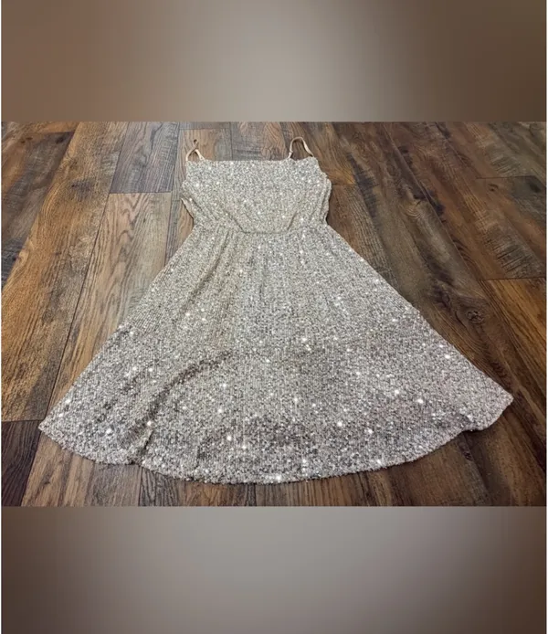 SO Party Dress Champagne Sequins Spaghetti Strap, Size Medium, Dance Cocktail - Image 2