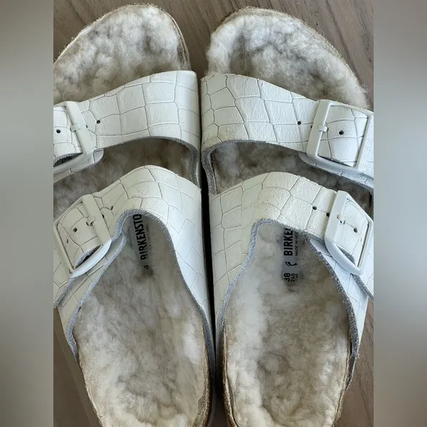 Birkenstock White Shearling-Lined Slide Sandals - Image 11
