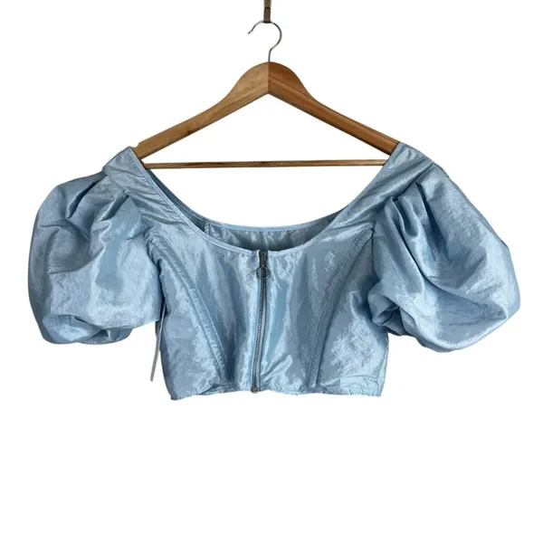 NWT Topshop Corset Puff Sleeve Solid Crop Top Blue Regencycore Shimmer Size 6 - Image 4