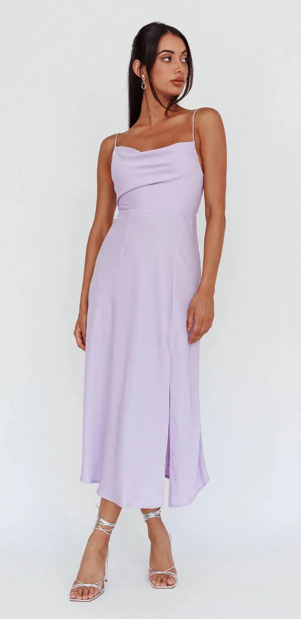 Selfie Leslie Lilac Suki Spaghetti Strap Cowl Neck Front Split Midi Dress - Image 2