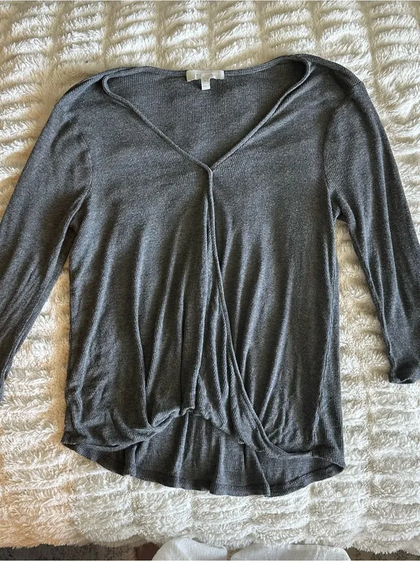 Eri & Ali Faux Wrap Long Sleeve Ribbed Top Charcoal Western Whimsy Anthropologie - Image 2