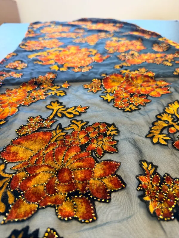 Velvet burnout floral shawl black and orange, sparkle details outline, 66"x21.5" - Image 2