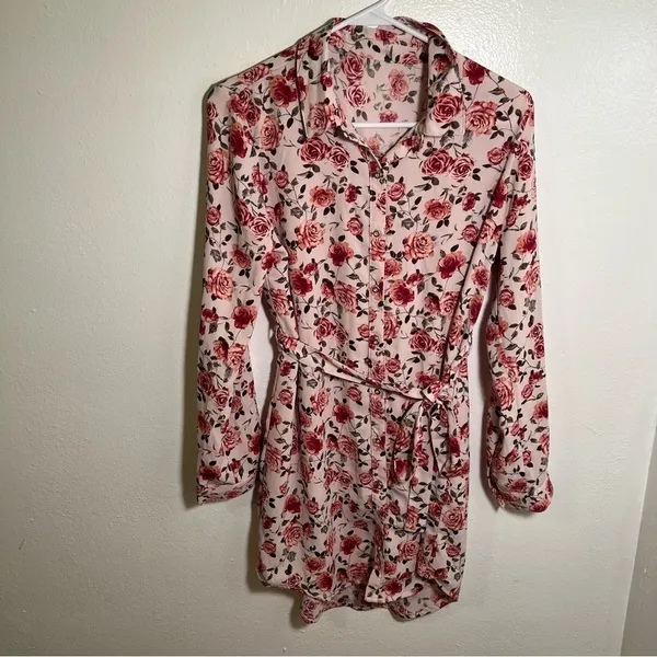 Women's‎ Button Down Shirt Dress Light Pink Rose Floral Belted Long Sleeve Roll - Image 2