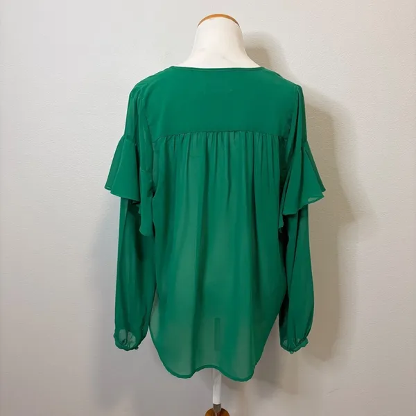 Line & Dot Green Blouse V-Neck Ruffle Sleeve Tassel‎ Tie Sheer XS - Image 3