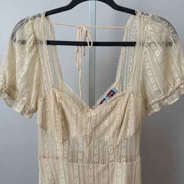 Urban Outfitters sz S‎ Cream Floral Lace Puff Sleeve Mini Dress Cottage Fairy - Image 2