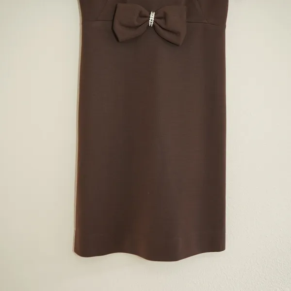 Vintage 60s Toni Todd Shift Dress Brown Waist Bow Rhinestone Mod Retro Mad Men - Image 3