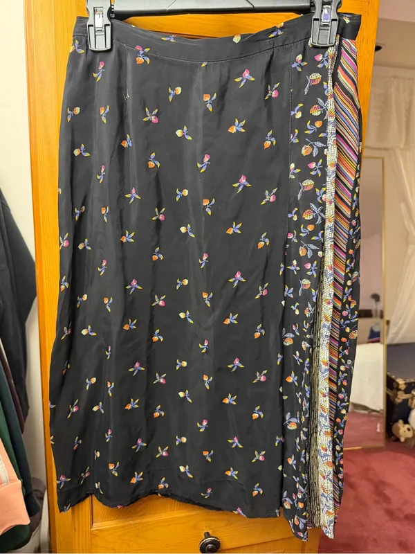 Black Floral Midi Skirt with Multicolor Stripe Panel - Image 3