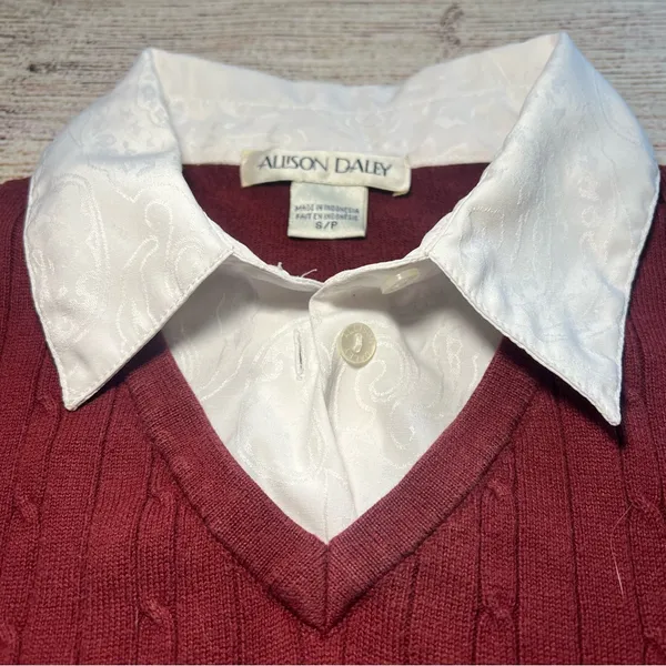 Vintage 90s Academia Sweater‎ Top Womens Small Red Knit Preppy Fall Collared Y2k - Image 5