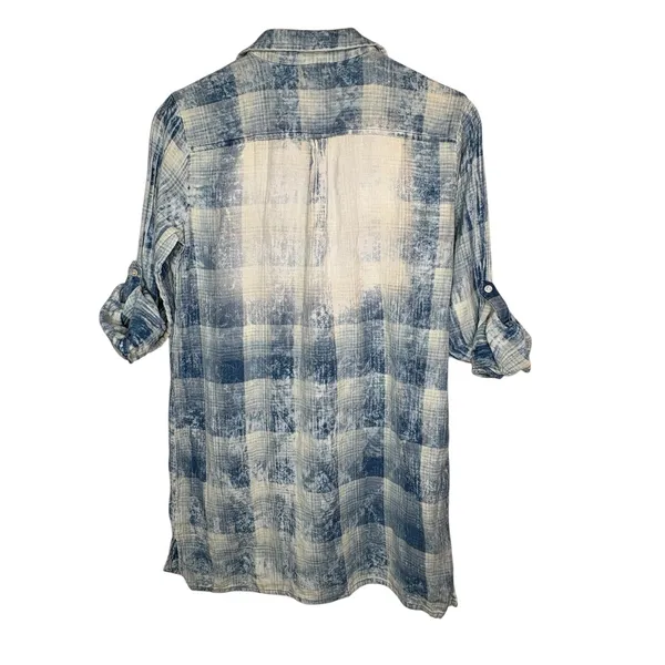 Wet Seal‎ Plaid Lace Up Tunic Womens Medium Blue Distressed Roll Tab Sleeve - Image 4