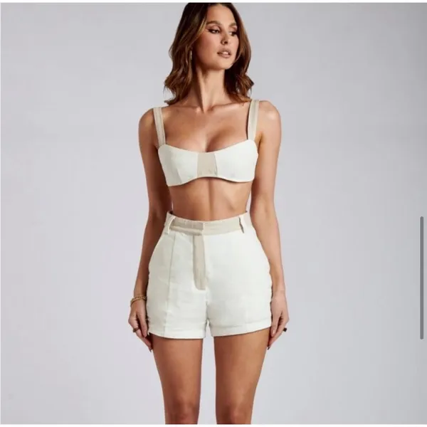 Meshki Yalda Beige Linen Colorblock Sleeveless Bustier Scoop Neck Crop Top Sz S - Image 3