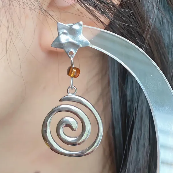 Handmade retro vintage boho funky grunge style fully stainless steel star & swirl dangle earrings☀️🌀 - Image 8