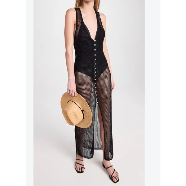 L*Space Adrift Dress Black Crochet Maxi Button Down Cover Up Medium - Image 2