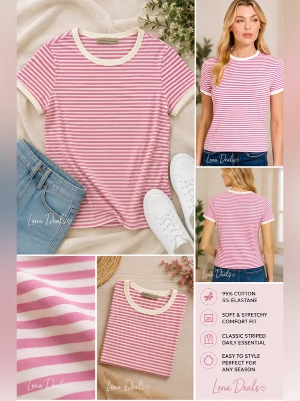 ZENANA Striped Ribbed Crewneck T - Shirt Women’s Candy Pink Sz Small Cotton - Image 2