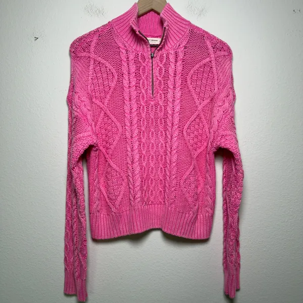 Lucky Brand Women Cotton Sweater Small Pink Cable Knit Quarter Zip Pullover - Image 2