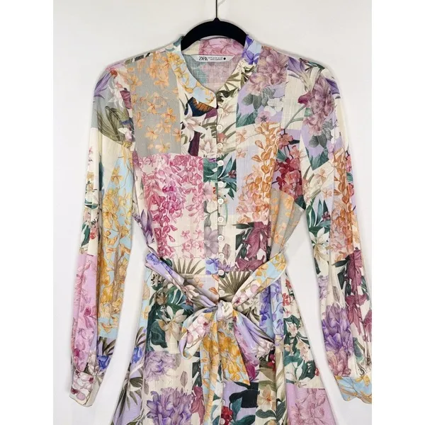 ZARA Dress Purple Mini Floral Patchwork Linen Shirtdress Waist Tie Boho Medium - Image 7