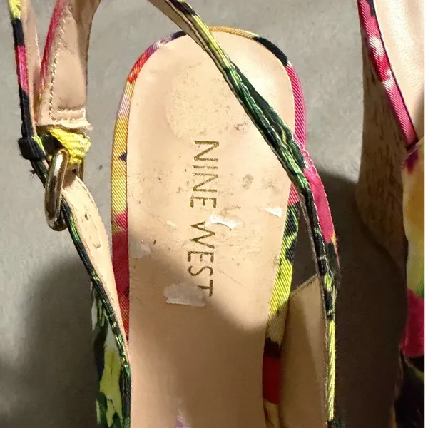 Nine West Massie Floral Cork Wedge Slingback Sandals Multicolor Peep Toe 6.5M - Image 4