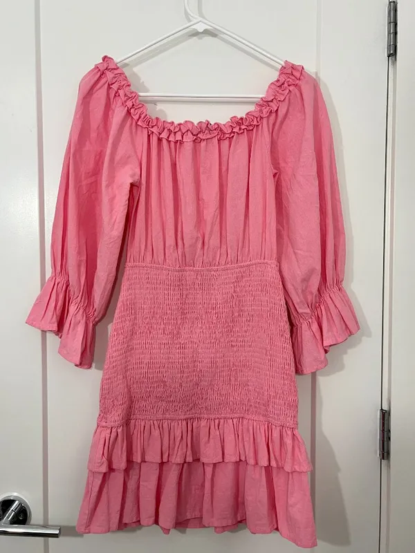 Petal & Pup Size Medium Pink Smocked Off-Shoulder Ruffle Mini Dress - Image 3
